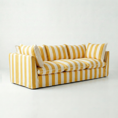 Coco 4 seater sofa with Self Piped Knife Edge cushion in Stripe Dandelion - Hand Made in USA