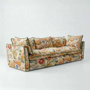 Coco 4 seater sofa with Contrast Piped Knife Edge cushion in Magnolia Cream Blue - Hand Made in USA