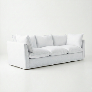 Coco 4 seater sofa with Self Piped Knife Edge cushion in Cotton Linen Snow Drop - Hand Made in USA
