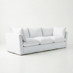 Coco 4 seater sofa with Self Piped Knife Edge cushion in Cotton Linen Snow Drop - Hand Made in USA