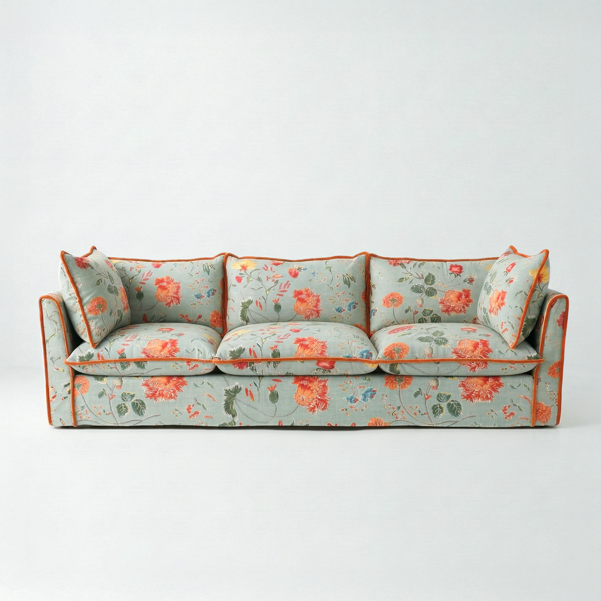 Coco 4 seater sofa with Contrast Piped Knife Edge cushion in Wildwood Duck Egg - Hand Made in USA