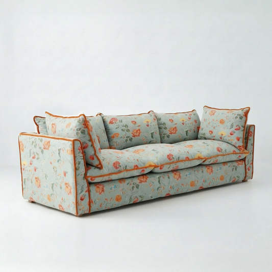Coco 4 seater sofa with Contrast Piped Knife Edge cushion in Wildwood Duck Egg - Hand Made in USA