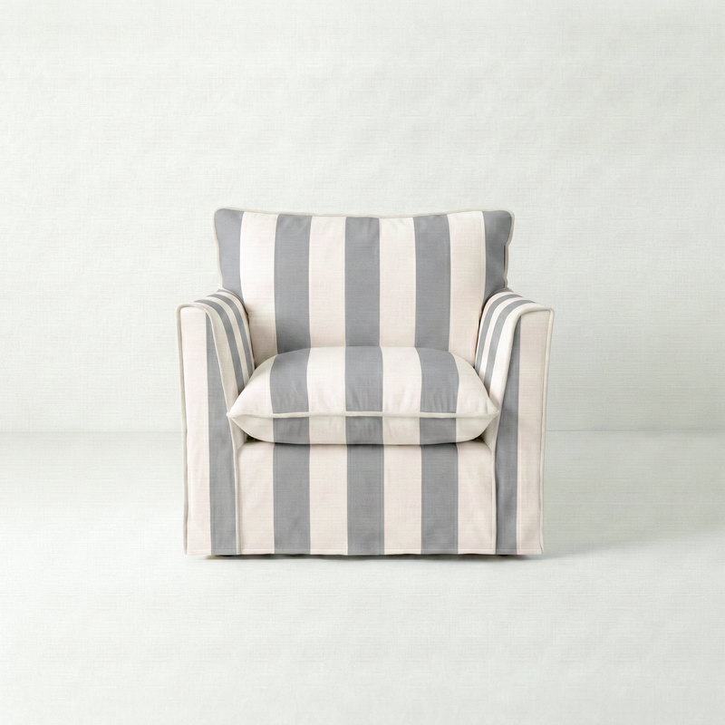 Coco Armchair with Self Piped Knife Edge cushion in Garden Grey Stripes  - Hand Made in USA