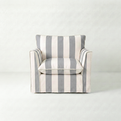 Coco Armchair with Self Piped Knife Edge cushion in Garden Grey Stripes  - Hand Made in USA