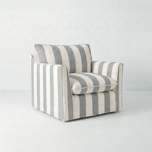Coco Armchair with Self Piped Knife Edge cushion in Garden Grey Stripes  - Hand Made in USA