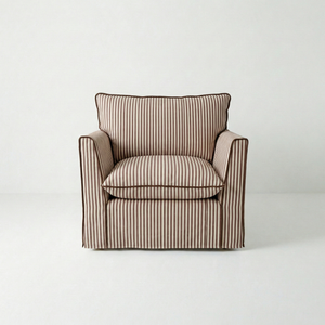 Coco Armchair with Self Piped Knife Edge cushion in Narrow Chocolate Stripes  - Hand Made in USA
