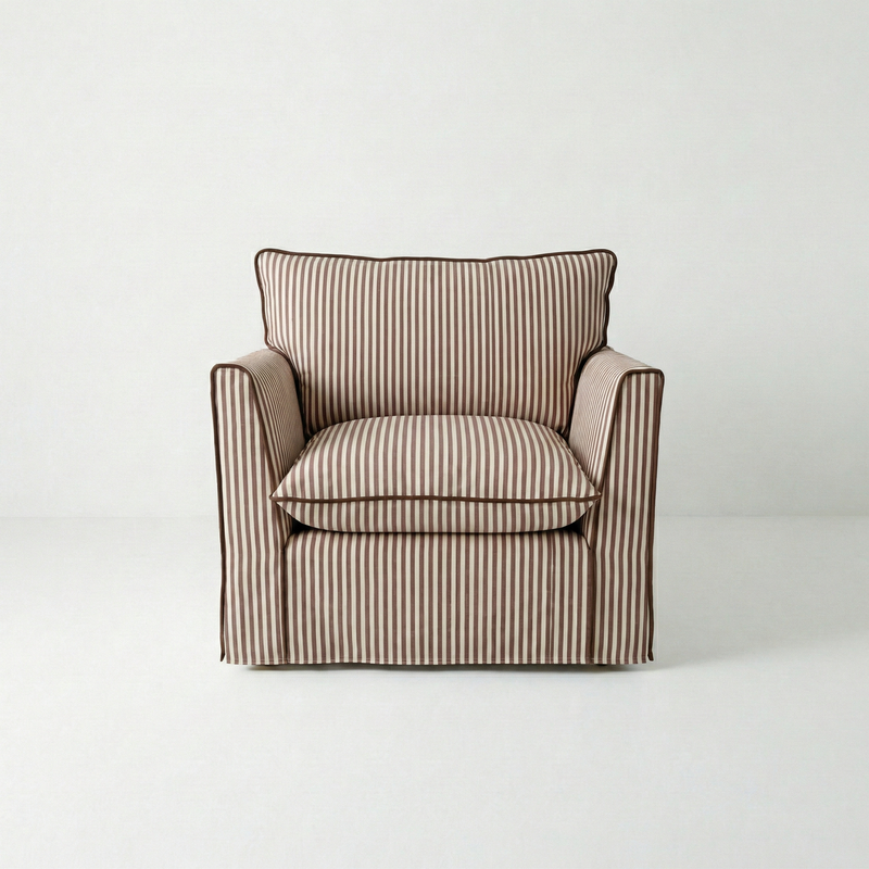 Coco Armchair with Self Piped Knife Edge cushion in Narrow Chocolate Stripes  - Hand Made in USA