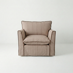 Coco Armchair with Self Piped Knife Edge cushion in Narrow Chocolate Stripes  - Hand Made in USA