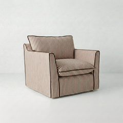 Coco Armchair with Self Piped Knife Edge cushion in Narrow Chocolate Stripes  - Hand Made in USA