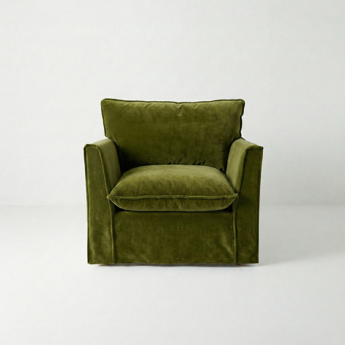 Coco Armchair with Self Piped Knife Edge cushion in Pelham Moss Velvet  - Hand Made in USA