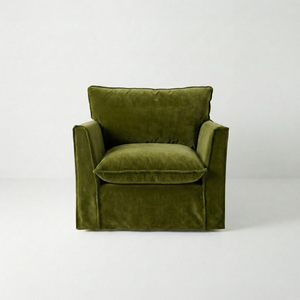 Coco Armchair with Self Piped Knife Edge cushion in Pelham Moss Velvet  - Hand Made in USA