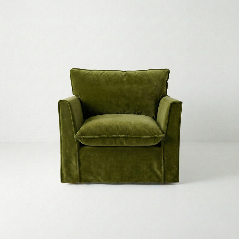 Coco Armchair with Self Piped Knife Edge cushion in Pelham Moss Velvet  - Hand Made in USA
