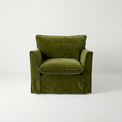 Coco Armchair with Self Piped Knife Edge cushion in Pelham Moss Velvet  - Hand Made in USA