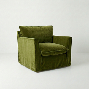 Coco Armchair with Self Piped Knife Edge cushion in Pelham Moss Velvet  - Hand Made in USA