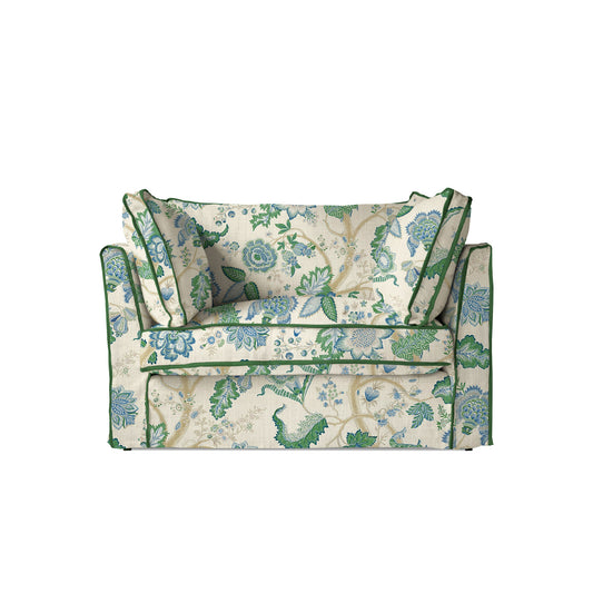Coco Loveseat with Box Edge cushion in Kitty Blue Green with Parakeet Velvet Trim - Hand Made in USA