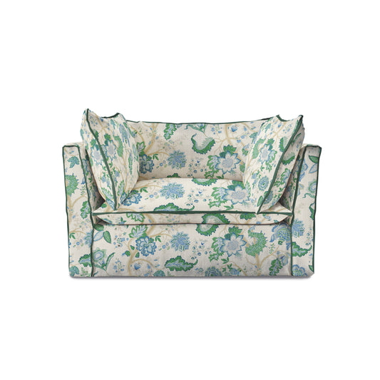 Coco Loveseat with Knife Edge cushion in Kitty Blue Green with Parakeet Velvet Trim - Hand Made in USA