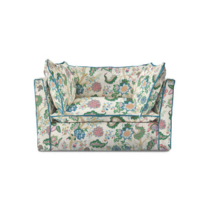 Coco Loveseat with Knife Edge cushion in Kitty Spring Green with Lagoon Velvet Trim - Hand Made in USA