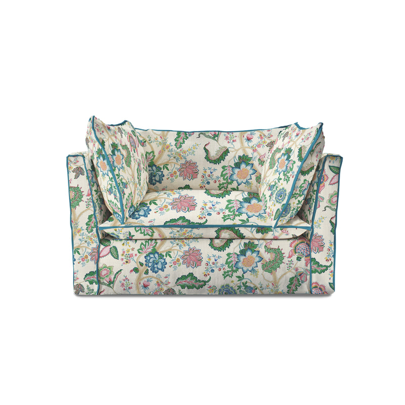 Coco Loveseat with Knife Edge cushion in Kitty Spring Green with Lagoon Velvet Trim - Hand Made in USA
