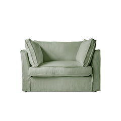 Coco Loveseat with Self Piped Box Edge Cushion in Dove Linen - Hand Made in USA
