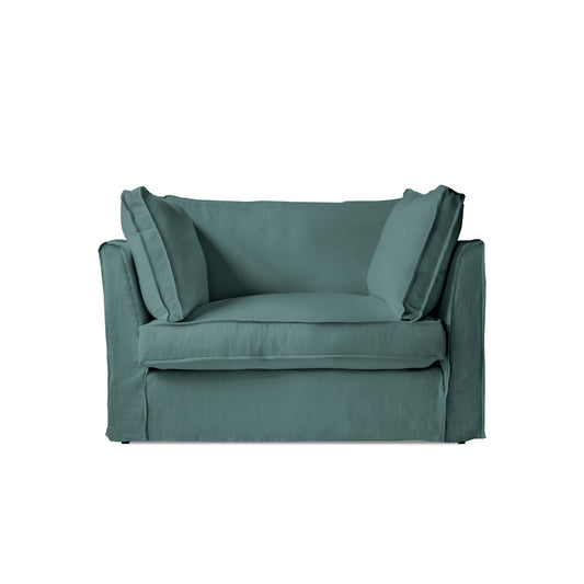 Coco Loveseat with Box Edge Cushion in Cerulean Linen - Hand Made in USA