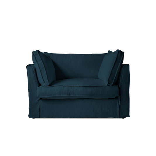 Coco Loveseat with Box Edge Cushion in Indigo Linen - Hand Made in USA