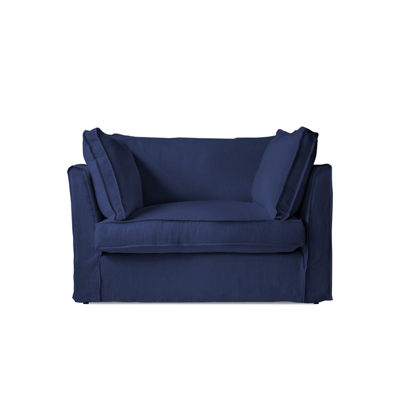 Coco Loveseat with Self Piped Box Edge cushion in Cotton Linen Inkspot - Hand Made in USA