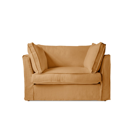Coco Loveseat with Self Piped Box Edge cushion in Cotton Linen Sunflower - Hand Made in USA