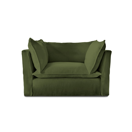 Coco Loveseat with Self Piped Knife Edge cushion in Cotton Linen Evergreen - Hand Made in USA