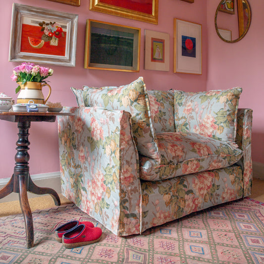 Coco Loveseat with Self Piped Knife Edge cushion in Andrew Martin Midsummer Sky - Hand Made in USA