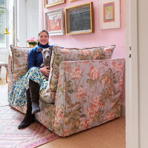 Coco Loveseat with Self Piped Knife Edge cushion in Andrew Martin Midsummer Sky - Hand Made in USA