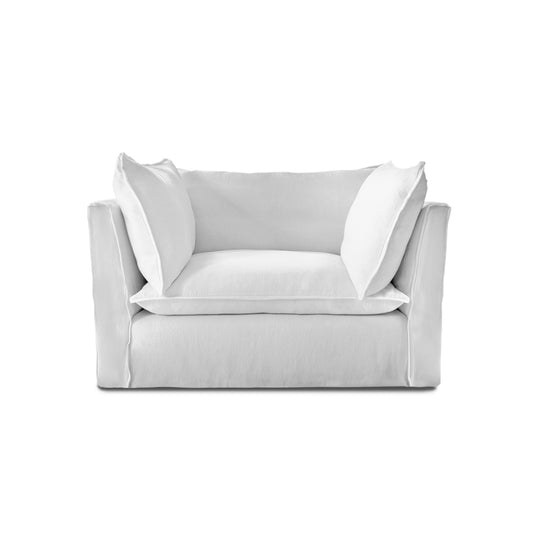 Coco Loveseat with Self Piped Knife Edge cushion in Cotton Linen Snow Drop  - Hand Made in USA