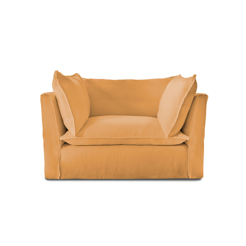 Coco Loveseat with Self Piped Knife Edge cushion in Cotton Linen Sunflower - Hand Made in USA