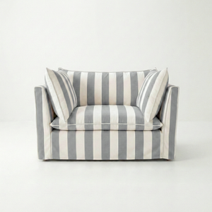 Coco Loveseat with Self Piped Knife Edge cushion in Stripes Garden Grey - Hand Made in USA