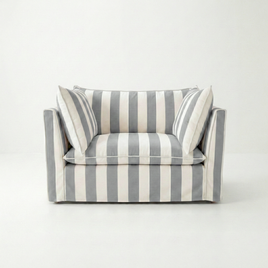 Coco Loveseat with Self Piped Knife Edge cushion in Stripes Garden Grey - Hand Made in USA