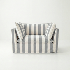Coco Loveseat with Self Piped Knife Edge cushion in Stripes Garden Grey - Hand Made in USA