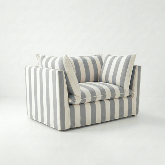 Coco Loveseat with Self Piped Knife Edge cushion in Stripes Garden Grey - Hand Made in USA