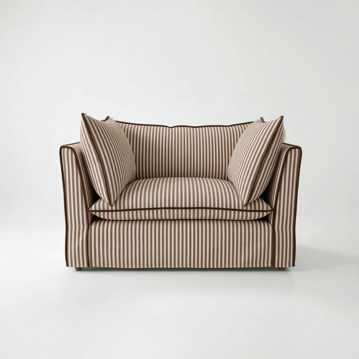 Coco Loveseat with Self Piped Knife Edge cushion in Narrow Chocolate Stripes - Hand Made in USA