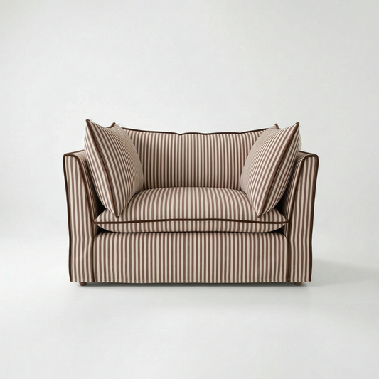 Coco Loveseat with Self Piped Knife Edge cushion in Narrow Chocolate Stripes - Hand Made in USA