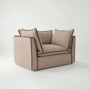 Coco Loveseat with Self Piped Knife Edge cushion in Narrow Chocolate Stripes - Hand Made in USA