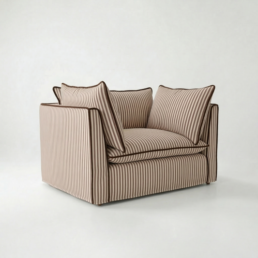 Coco Loveseat with Self Piped Knife Edge cushion in Narrow Chocolate Stripes - Hand Made in USA