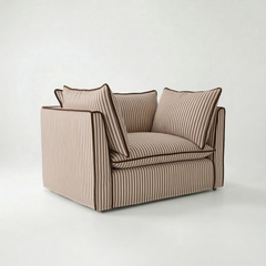 Coco Loveseat with Self Piped Knife Edge cushion in Narrow Chocolate Stripes - Hand Made in USA