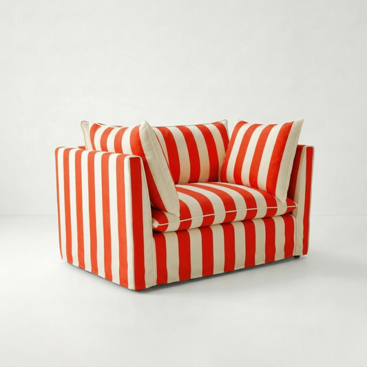 Coco Loveseat with Self Piped Knife Edge cushion in Stripes Petunia - Hand Made in USA