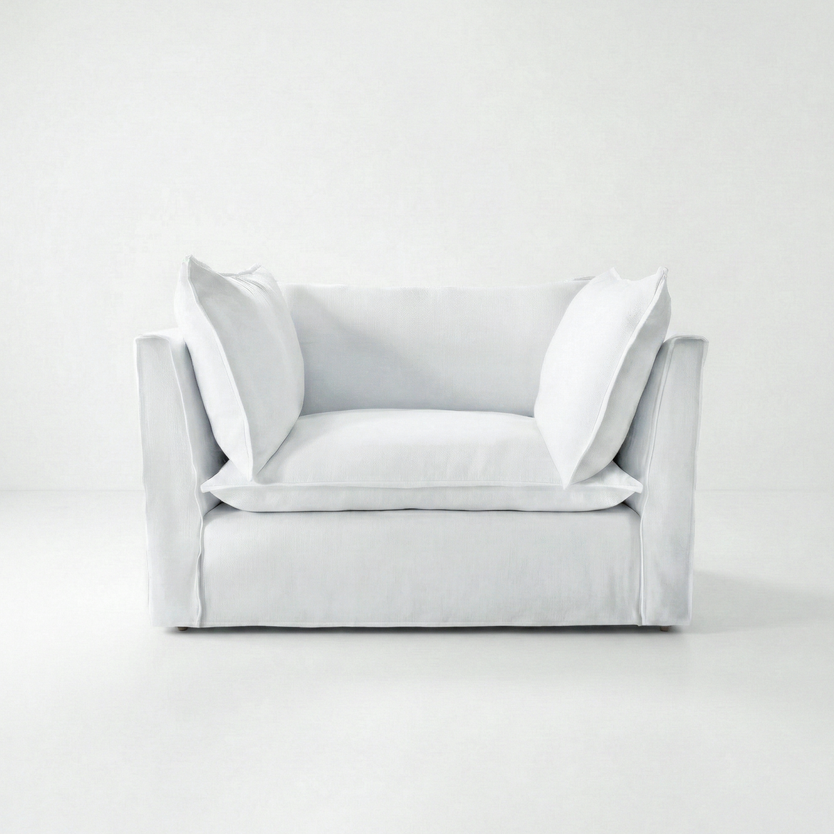 Coco Loveseat with Self Piped Knife Edge cushion in Cotton Linen Snow Drop  - Hand Made in USA
