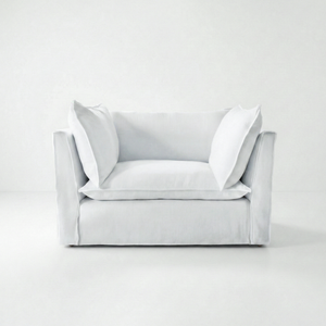 Coco Loveseat with Self Piped Knife Edge cushion in Cotton Linen Snow Drop  - Hand Made in USA