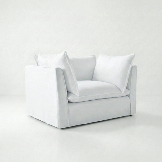 Coco Loveseat with Self Piped Knife Edge cushion in Cotton Linen Snow Drop  - Hand Made in USA