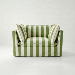 Coco Loveseat with Self Piped Knife Edge cushion in Spring Green Stripes - Hand Made in USA