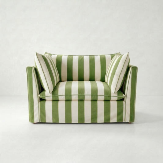 Coco Loveseat with Self Piped Knife Edge cushion in Spring Green Stripes - Hand Made in USA