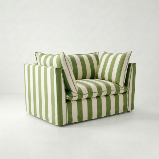 Coco Loveseat with Self Piped Knife Edge cushion in Spring Green Stripes - Hand Made in USA