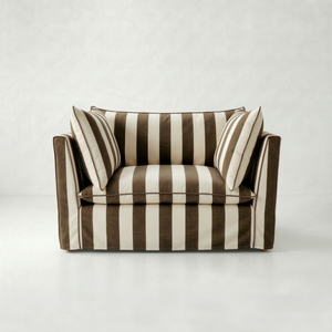 Coco Loveseat with Self Piped Knife Edge cushion in Chocolate Stripes - Hand Made in USA