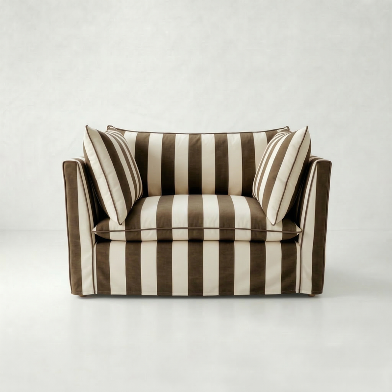 Coco Loveseat with Self Piped Knife Edge cushion in Chocolate Stripes - Hand Made in USA